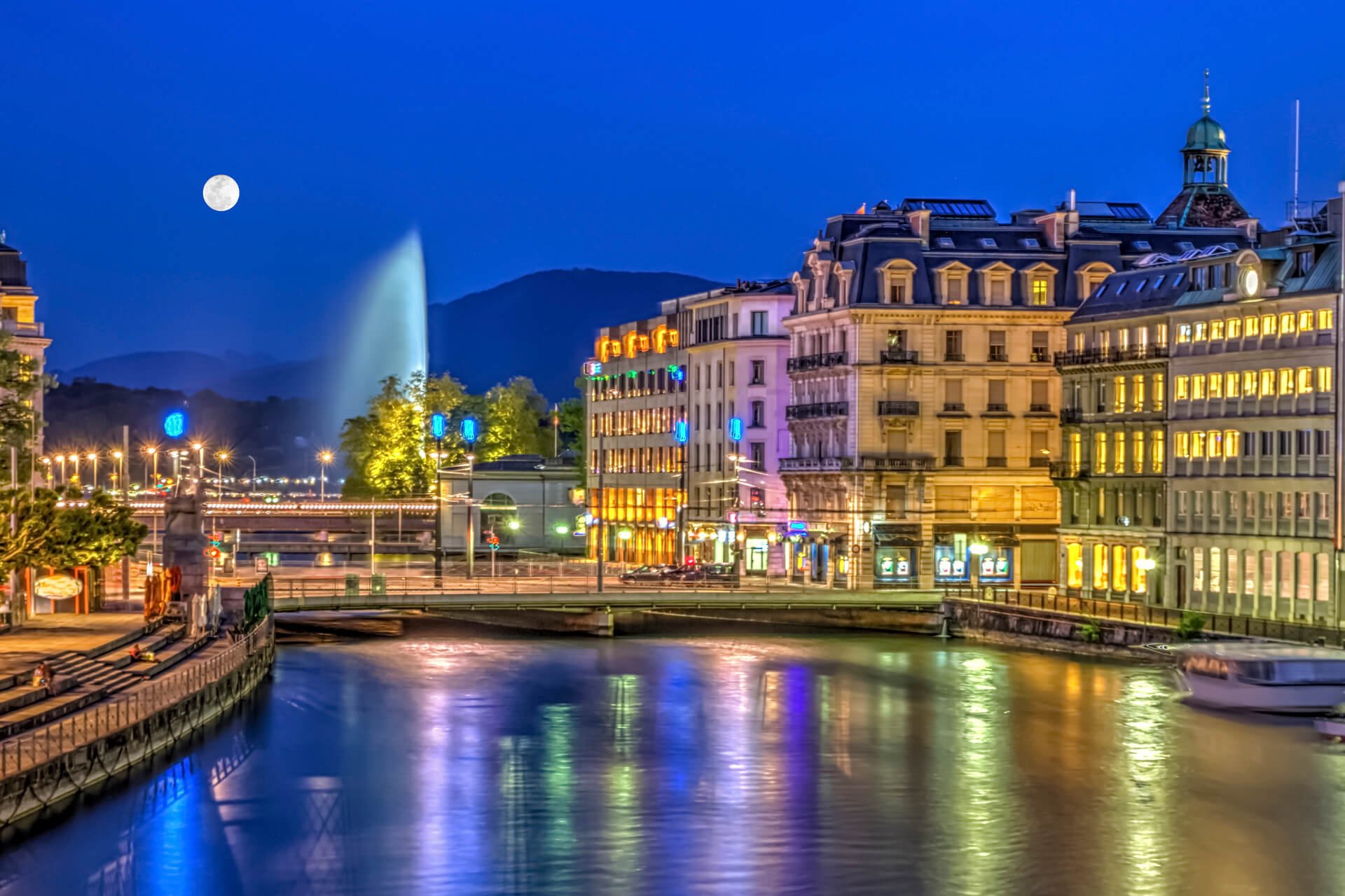 Urban view with famous fountain, Geneva, Switzerland, HDR