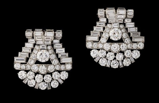 A pair of platinum Art Deco style double clip brooches Cartier